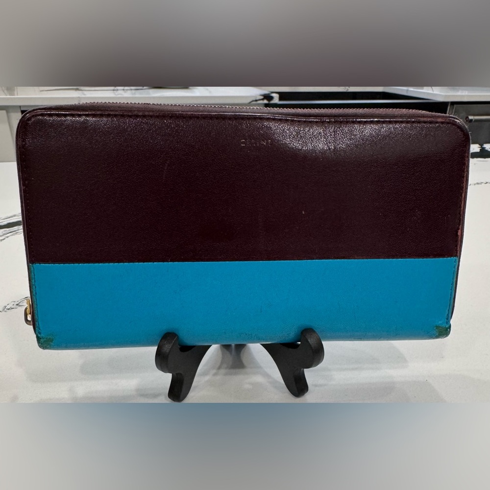Vintage Celine Leather Zip Around Wallet Brown Blue Italy w/ COA